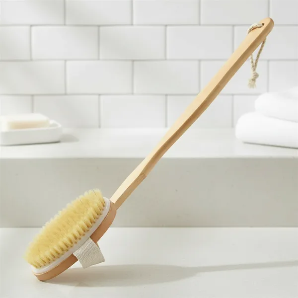 bath brush, shower brush, exfoliating brush, back brush, brush with handle, long handle brush, cream back applicator, shower brush with long handle
